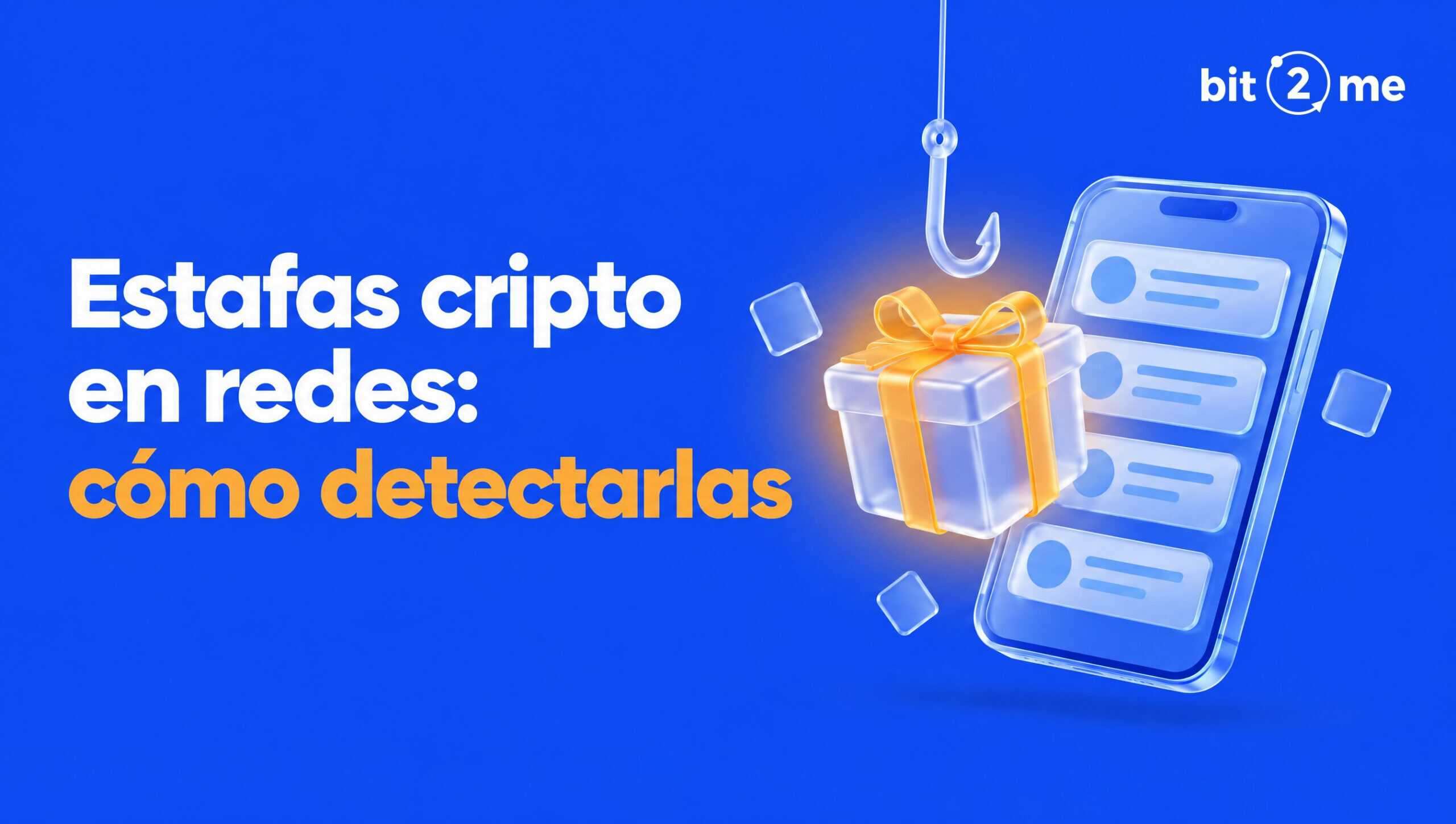 Móvil con redes sociales y un regalo con anzuelo que simboliza las estafas cripto